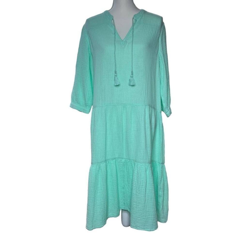 Soft Surroundings 100% Cotton Tiered Light Green Laguna Gauze Dress Size MP